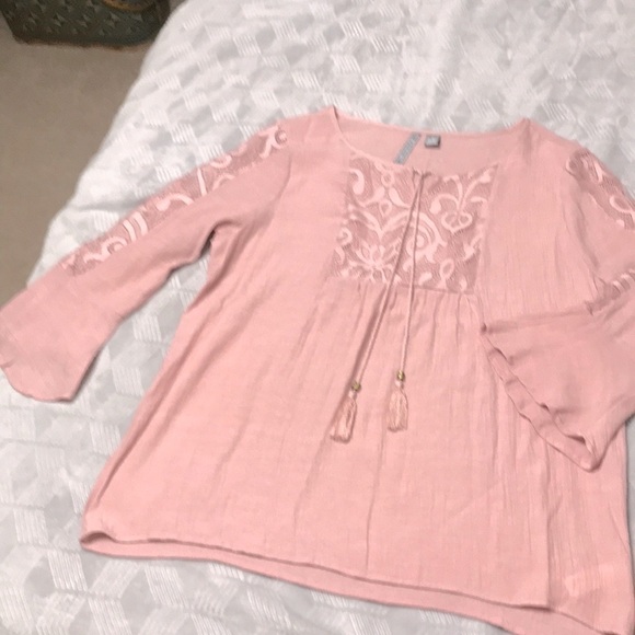 By Design Tops - Mauve top with lace insets and tassels